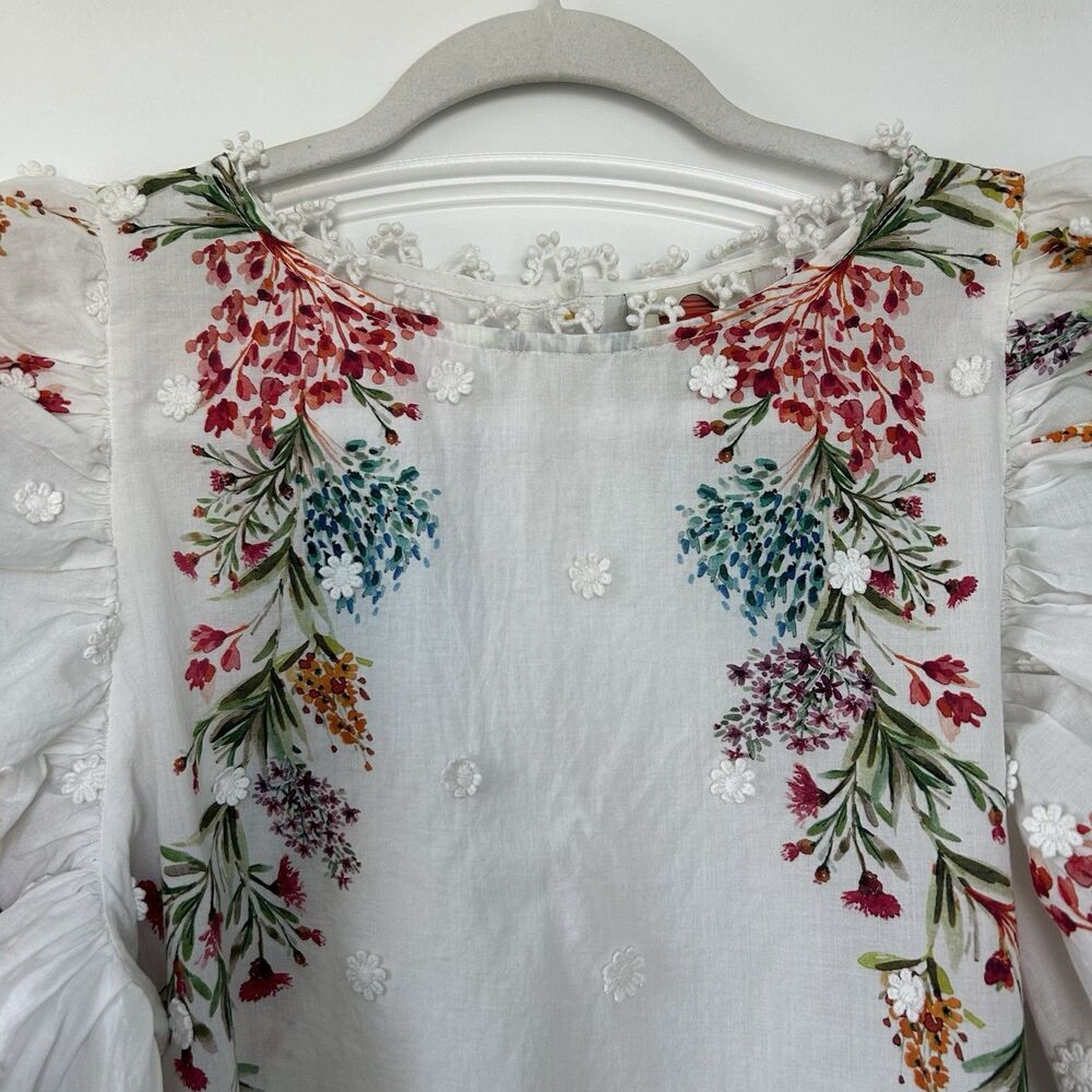 FARM RIO Louise Floral Print Womens Sz S Blouse Embroidery Puff Sleeves Romantic - Picture 6 of 14